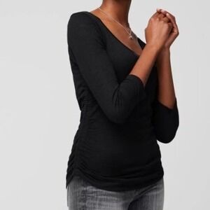 White House Black Market Shirred Scoop Neck Tee Black 3/4 Sleeve Womens XS NEW
